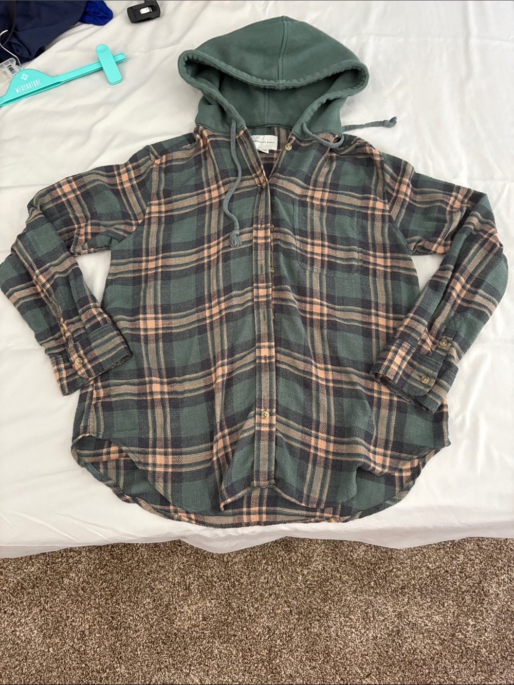 Green Plaid Hooded Flannel Button-Up